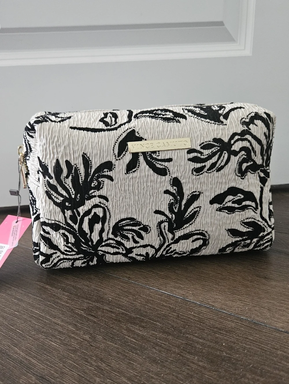 NWT Vince Camuto Black & Cream Floral Cosmetic Bag